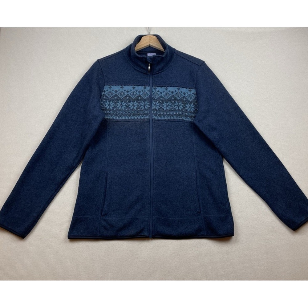 LAURA SCOTT Women's Cardigan Full Zip Mock Neck Sweater Size Large Navy Blue Ski